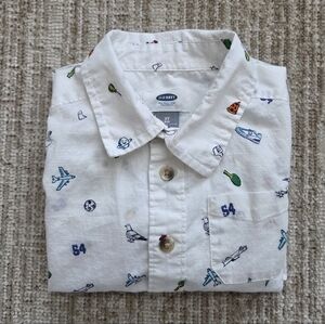 Toddler Boys White Shirt Long Sleeve Shirt with Colorful Airplane Soccer Print